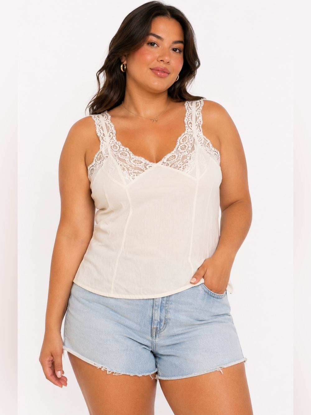 60s/70s European Vintage Silky Lace Cup Cami Top (Ivory/Cream) Size Large